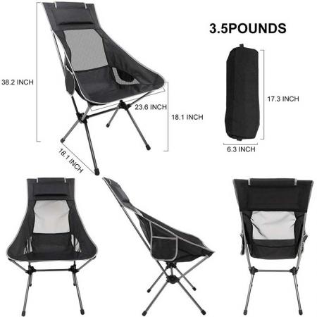 ultralett høyrygg campingstol, lette sammenleggbare stoler med nakkestøtte, bærbar kompakt for utendørs leir, fotturer, piknik 