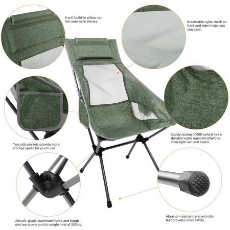 camping ryggsekkstol høy rygg, 330 lbs kapasitet, lettvekts kompakt bærbar sammenleggbar stol for fotturer reise strandpiknik 