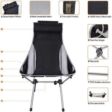 Ultralett høyrygg sammenleggbar kompakt bærbar stol 