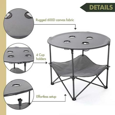 sammenleggbart leirbord kraftig bærbart sammenleggbart bord 4 kopper rundt bæreveske stålramme høykvalitets 600D 