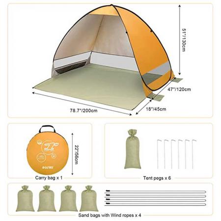 bærbart pop-up strandtelt inkluderer reiseveske og teltplugger
 