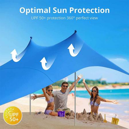 UPF50 UV-beskyttelse strandtelt med 4 aluminiumsstenger, 4 stangankere, 4 sandsekkankere stor og bærbar presenning
 