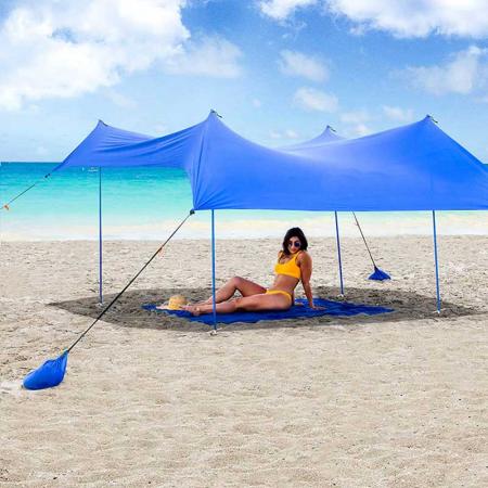 strand kalesje UPF50 sol strandskygge solseil med 4 aluminiumsstenger 4 polet stor bærbar solskjerming presenning
 