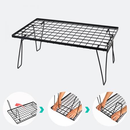 Utendørs sammenleggbart jernnettbord BBQ Camping Selvkjørende piknikbord Dreneringsstativ med bambusbrett 