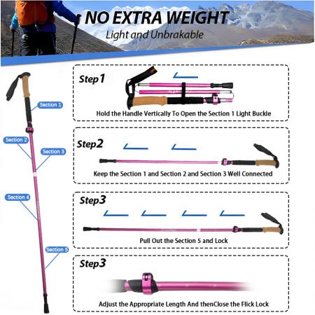 5-seksjoners sammenleggbare flyaluminium 7075 sporingsstaver for turgåing og trekking 