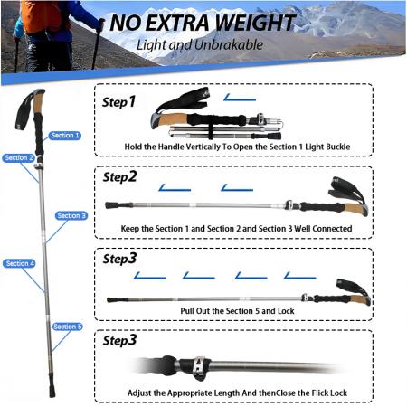 Tilpassede 5-seksjoners 7075-turstaver i aluminium med fly, sammenleggbare turstaver med korkhåndtak, OEM-alternativ 