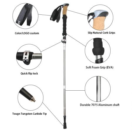 Tilpassede 5-seksjoners 7075-turstaver i aluminium med fly, sammenleggbare turstaver med korkhåndtak, OEM-alternativ 
