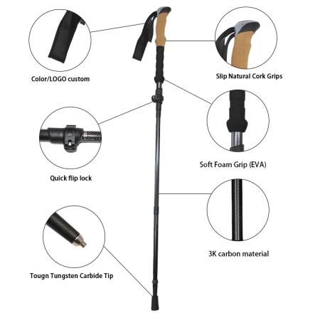 Aluminiumslegering Folding Cane Cork Grips Justerbar Klatrestokk Med Gummi Tipped Vandringstang 