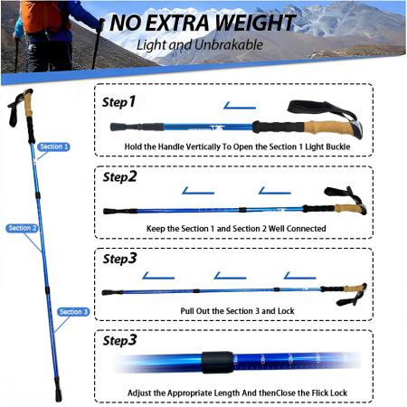 Utendørs teleskopisk turstang i duraluminium 6061 aluminiumslegering med tre seksjoner 