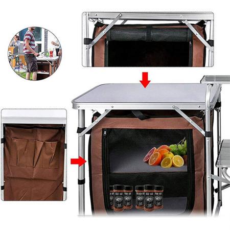 Aluminium multifunksjons utendørs camping kjøkken sammenleggbart kokebord med Oxford bag skapskap 