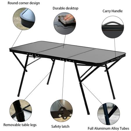 Ny firkantet turgrill for utendørs BBQ campingbord i metall og aluminium, sammenleggbart svart strandbord