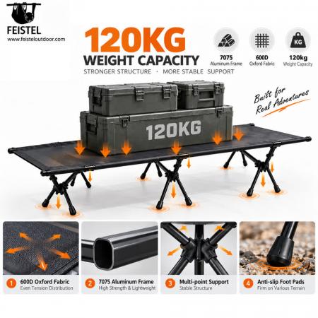 Lett sammenleggbar campingseng – bærbar 7075 aluminiums-campingseng, 600D oxford, 190 × 65 × 38 cm, 120 kg kapasitet 