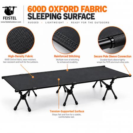Lett sammenleggbar campingseng – bærbar 7075 aluminiums-campingseng, 600D oxford, 190 × 65 × 38 cm, 120 kg kapasitet 