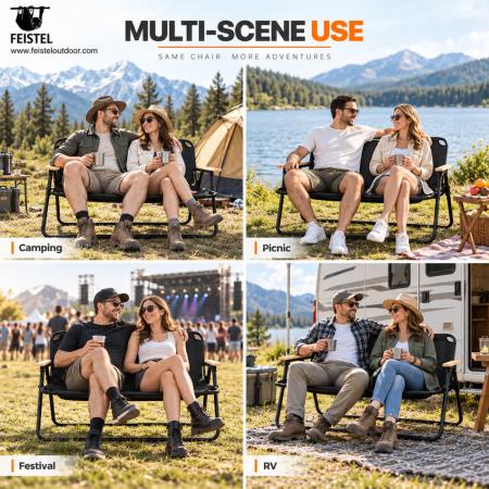 2-personers utendørs campingstol for par – sammenleggbar campingsofa for 2, 7075 aluminiumsramme, 600D oxford, 250 kg kapasitet 