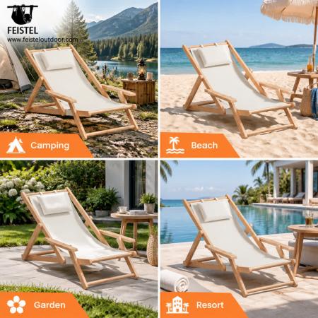 Sammenleggbar campingstol i tre – Justerbar strand- og lenestol med armlener og pute 