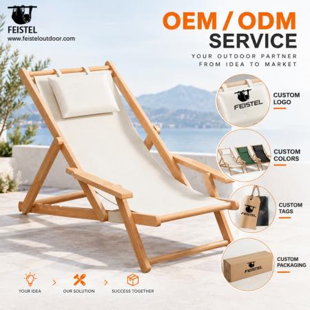 Sammenleggbar campingstol i tre – Justerbar strand- og lenestol med armlener og pute 