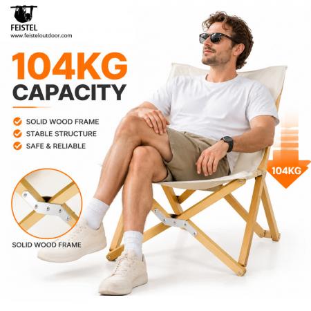 Sammenleggbar campingstol i tre – 52×53×90 cm treverkrammesete, 4,2 kg, 104 kg kapasitet 