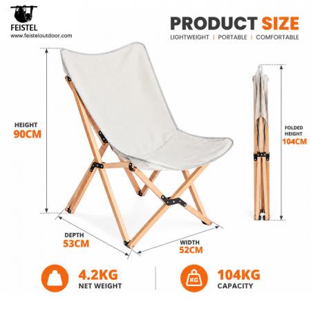 Sammenleggbar campingstol i tre – 52×53×90 cm treverkrammesete, 4,2 kg, 104 kg kapasitet 