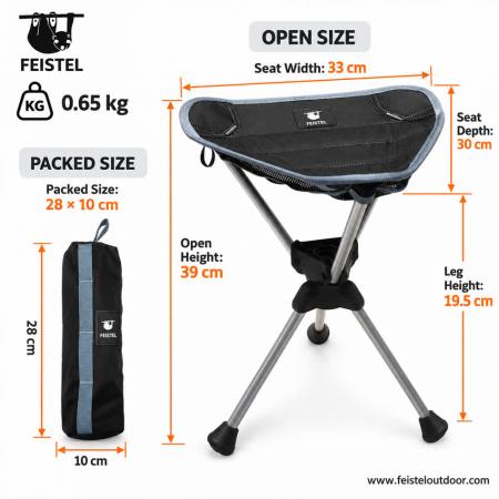 Lett campingkrakk – 0,65 kg mini sammenleggbar trefot-leirkrakk med 7075 aluminiumsramme, sete i oxfordstoff og bærepose 