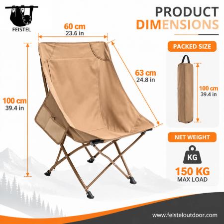 Campingstol uten armlener – Høyryggs sammenleggbar campingstol uten armlener, 7075 aluminiumsramme, 600D polyester-nett og 150 kg kapasitet 